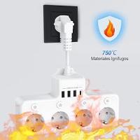 Regleta con Interruptores Individuales – 4 Enchufes + 3 Puertos USB | 1 USB-C | Enchufe Múltiple con Cable Corto de 5 cm | Adaptador de Pared Compacto, Blanco - details 2