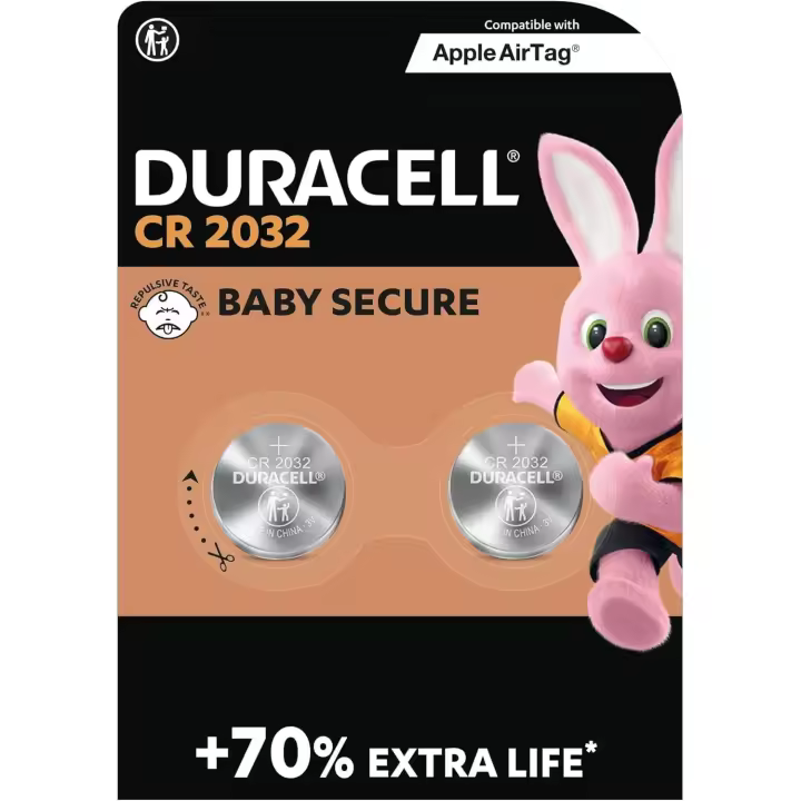 Pilas de botón de litio Duracell CR2032 - Extra duración - Tecnología Baby Secure - Recomendadas para Apple AirTag - 1