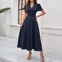 Vestido Elegante De Fiesta Para Mujer Cintura Alta A-Line De Color Sólido Con Manga Corta Estilo Francés Vestido De Cintura Cinchada Temperamento - details 33