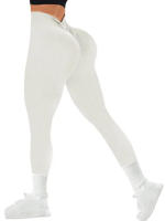 Pantalones De Yoga De Color Sólido Con Cintura Alta En V Y Costuras Sin Marcas Para Mujer Leggings De Gimnasio Y Correr Con Estiramiento Alto Tejidos En Ribete - details 4
