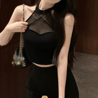 Top Sin Mangas De Malla Para Mujer Estilo Sexy Y Club Splicing Mesh Vestido Corto Para El Verano Polyester Transpirable - details 1