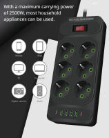 2m-Regleta De Enchufes Con 6 Tomas De Corriente Para Europa Con Interruptor, Enchufes De CA Y 4 Puertos De Carga Rápida USB Y 2 Tipo-C PD, 2500W/10A,La Oficina, El Dormitorio Y La Sala De Juegos, Protector Contra Sobretensiones - details 3