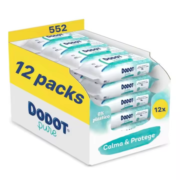 Dodot Pure Calma y Protege Toallitas para Bebé con Aloe Vera, 552 Unidades (12 Packs x 46), 99% Agua, Sin Alcohol, Sin Plástico - 1