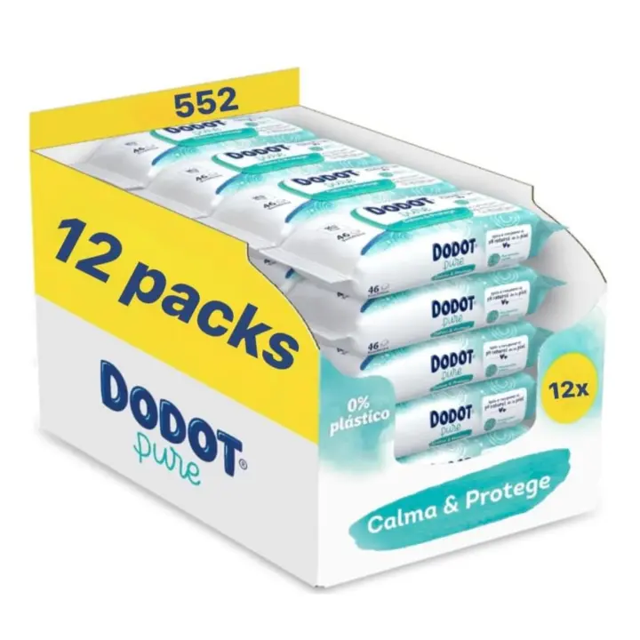 Dodot Pure Calma y Protege Toallitas para Bebé con Aloe Vera, 552 Unidades (12 Packs x 46), 99% Agua, Sin Alcohol, Sin Plástico - 1