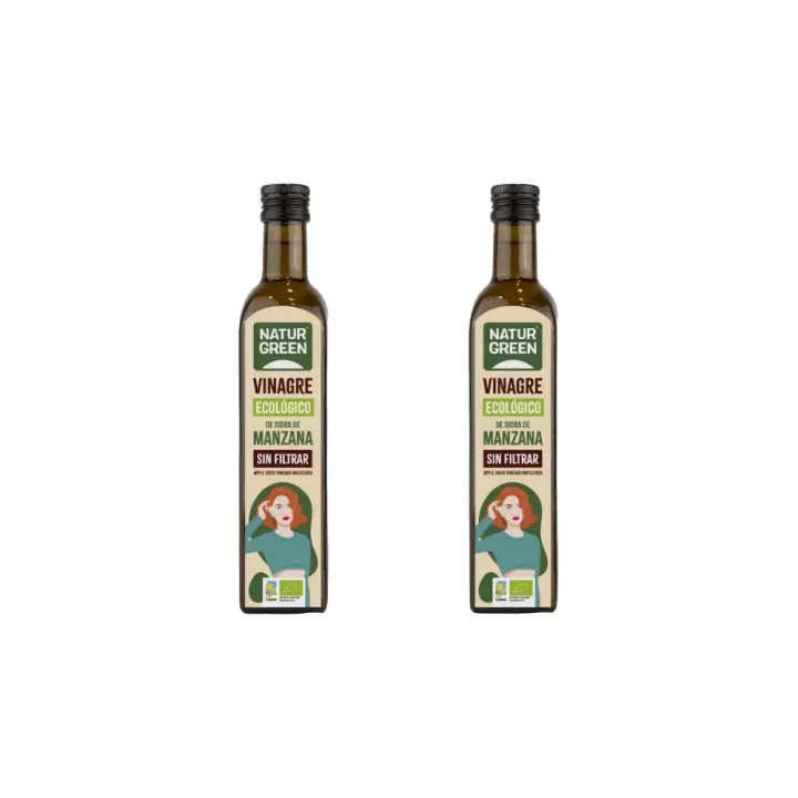 Vinagre de Sidra de Manzana Bio  Pack de 2x  500ml  Sin filtrar y con madre  Ecológico y no pasteurizado  NATURGREEN - 1