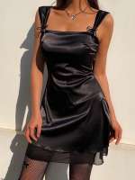 Vestido Mini De Noche Con Encaje Satinado Y Volantes En Hombros Y2K Para Mujer Estilo Tie Shoulder Silueta Ajustada Y Flared - details 3