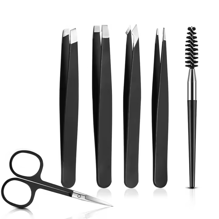 Juego De 6 Piezas De Pinzas Para Cejas Con Tijeras Curvas Y Cepillo Para Pestañas Peluca Para Barba Eliminación De Vello Del Rostro Clipper De Acero Inoxidable - 1