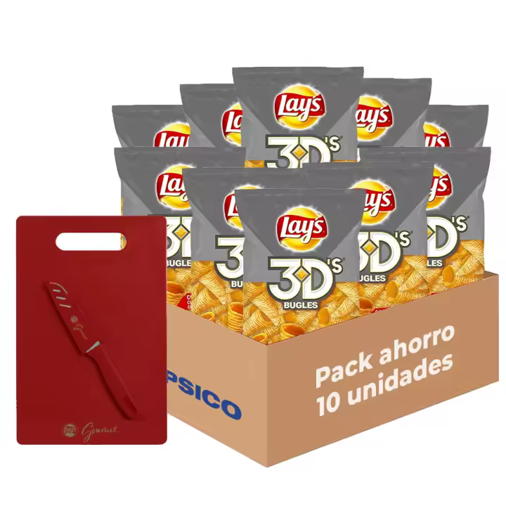 Pack Regalo Lay's 3D's - Snack Crujiente con Sabor a Bacon y Queso, Pack Regalo de 15 Bolsas del Delicioso e Irresistible Aperitivo de Conos de Maíz Fritos, Total: 15 x 36g = 540 g + Tabla de Cortar y Cuchillo - 1