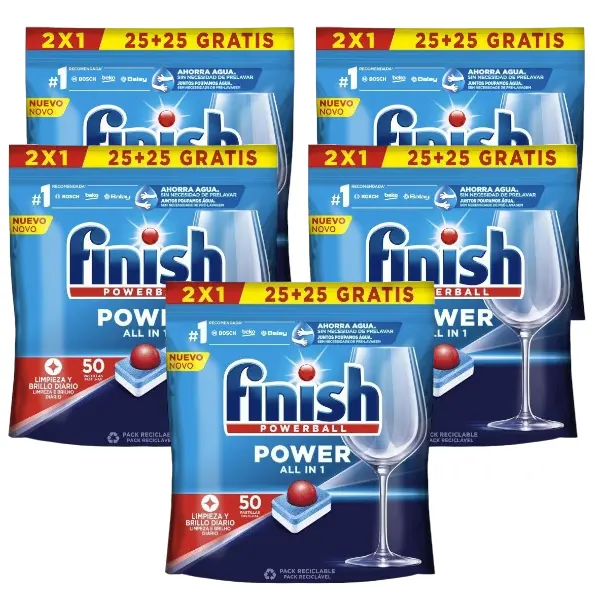 FINISH Detergente lavavajillas a máquina todo en uno FINISH Power 25 + 25 gratis cápsulas - 5ud -  250 pastillas total - 1