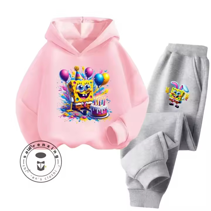 Conjunto De Ropa Infantil SpongeBob Con Capucha Estilo Callejero De Manga Larga Para Niños Y Niñas Edad 3-14 Primavera Otoño Diseños Casuales Colores Brillantes - 1