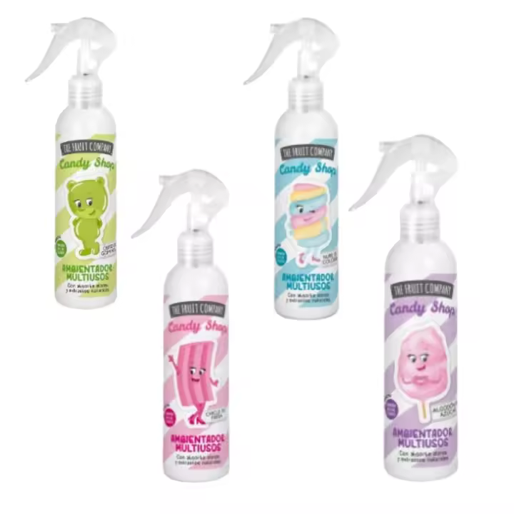 THE FRUIT COMPANY - AMBIENTADOR EN SPRAY 200 ML - COLECCIÓN CANDY SHOP - 4 FRAGAANCIAS DIFERENTES - Con absorbe olores y extractos naturales - Gran pulverización. No macha. ¡Especial para tejidos! - 1