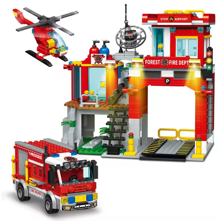Juego De Bloques De Construcción Estación De Bomberos De La Ciudad Con Barco De Protección Forestal Y Helicóptero De Rescate Antiguo 18+ - 1