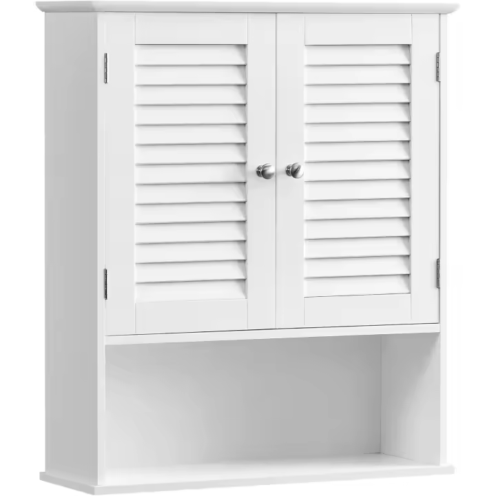 Armario de Pared para Baño, Armario Colgante, Armario de Almacenamiento con Estante Ajustable, Puertas de Doble Persiana y Estante Abierto, 20 x 60 x 70 cm, Blanco BBC27WT - 1