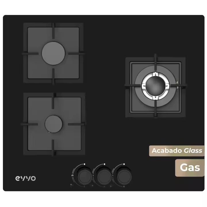 Placa de Gas EVVO V65 Glass — 3 quemadores, cristal templado, compatible con Gas Natural y Butano - 1
