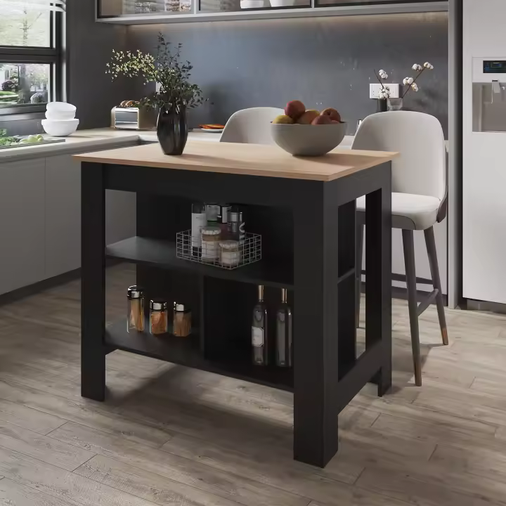 Isla de cocina Cala en melamina con 3 estantes ,  Rovere / Negro , 90 cm X 103 cm X 70 cm - 1