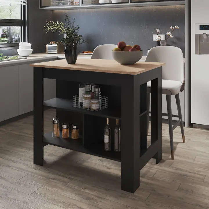 Isla de cocina Cala en melamina con 3 estantes ,  Rovere / Negro , 90 cm X 103 cm X 70 cm - 1