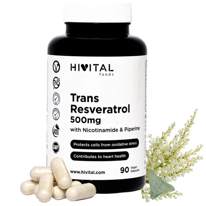 Trans-Resveratrol 500 mg. 90 cápsulas veganas para 3 meses. Con Nicotinamida y Piperina. Extracto Natural de Fallopia Japonica al 98% en Resveratrol Natural Puro para frenar el envejecimiento celular. Hivital - 1