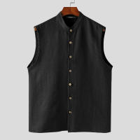 Camisa INCERUN Para Hombre De Color Sólido Cuello Erguido Sin Mangas Botones Estilo Casual Verano Moda Streetwear Tallas S-5XL - details 8
