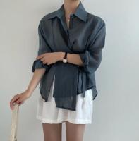 Camisa Casual Para Mujer Suelta Con Cinturón Y Cuello En V Vintage De Manga Larga Transpirable Para Oficina Y Uso Diario - details 12