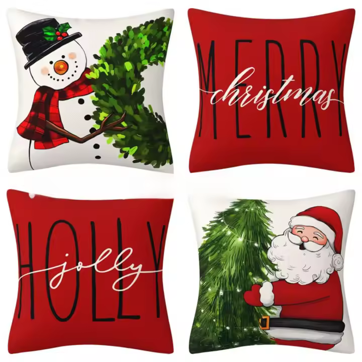 Nueva 4pcs Cojín Navideño De Peluche Corto Y Lino Estampado De Dibujos Animados Americanos Decoración Para El Hogar Material Poliéster - 1