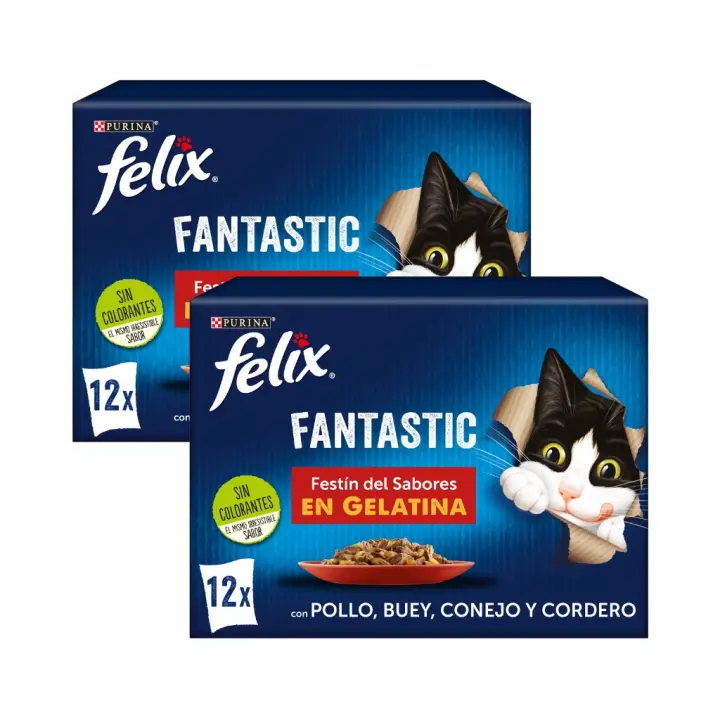 FELIX - Fantastic Gelatina (24x85 gr) - Comida Húmeda Festín de Sabores (Buey, Pollo, Conejo y Cordero) (2 Cajas de 12x85 gr) - 1