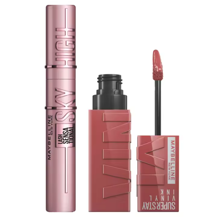 Maybelline New York | Kit rutina de maquillaje con la máscara de pestañas Sky High Tono Negro y el pintalabios Superstay Vinyl Ink efecto vinilo fijo, en Tono 35 Cheeky - 1