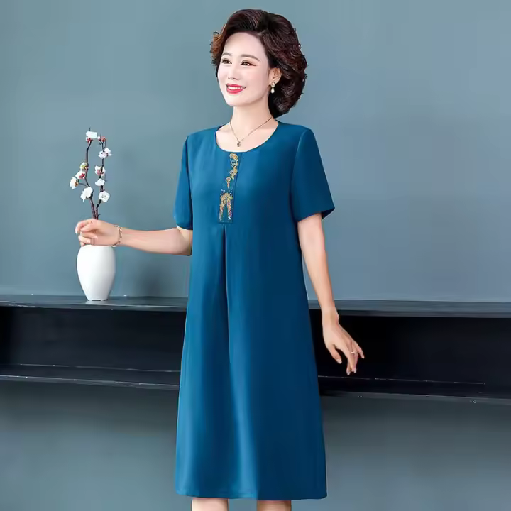 Vestido Midi Vintage De Verano Para Mujer Madura Con Bordado Casual Sólido Suéter Elegante Bodycon Para Fiesta Vestidos - 1