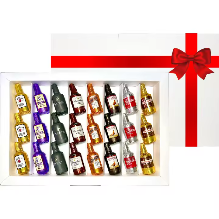 Botellitas de Chocolate Rellenas de Licor - Nueva Edición 2025 Con Nuevos Sabores - Incluye Caja con Lazo Rojo con 24 Botellitas WikiMark. Regalo Para Navidad, Enamorados, Día del Padre o Cumpleaños. - 1