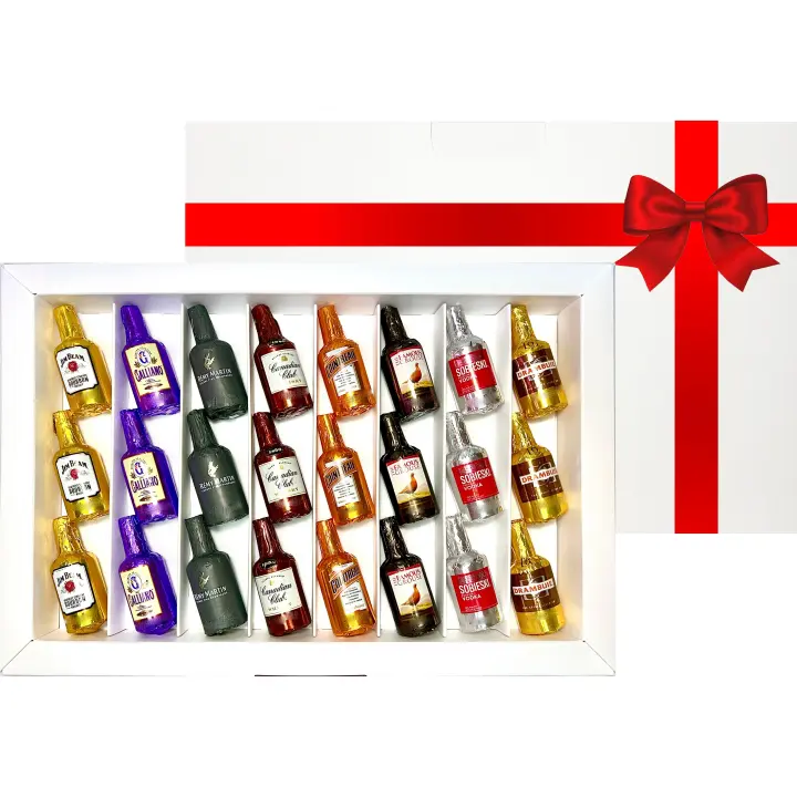 Botellitas de Chocolate Rellenas de Licor - Nueva Edición 2025 Con Nuevos Sabores - Incluye Caja con Lazo Rojo con 24 Botellitas WikiMark. Regalo Para Navidad, Enamorados, Día del Padre o Cumpleaños. - 1