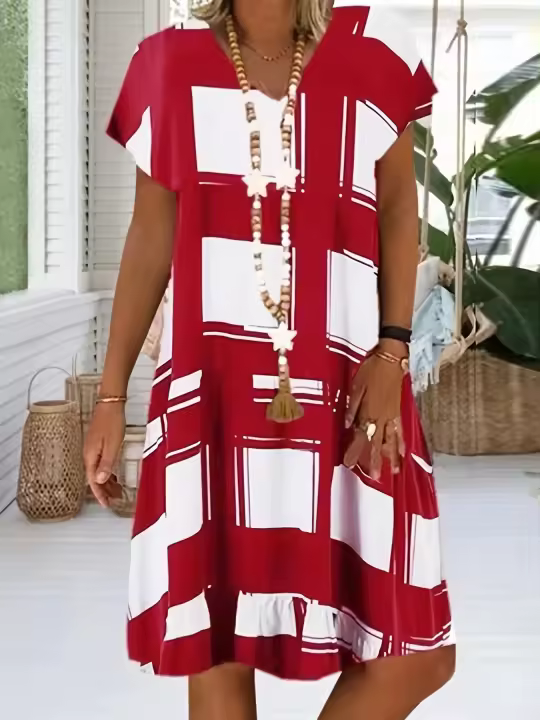 Vestido Corto De Verano Para Mujer Con Estampado Geométrico Moda Casual Manga Regular Polyester Spandex Cuello V Longitud De Rodilla - 1