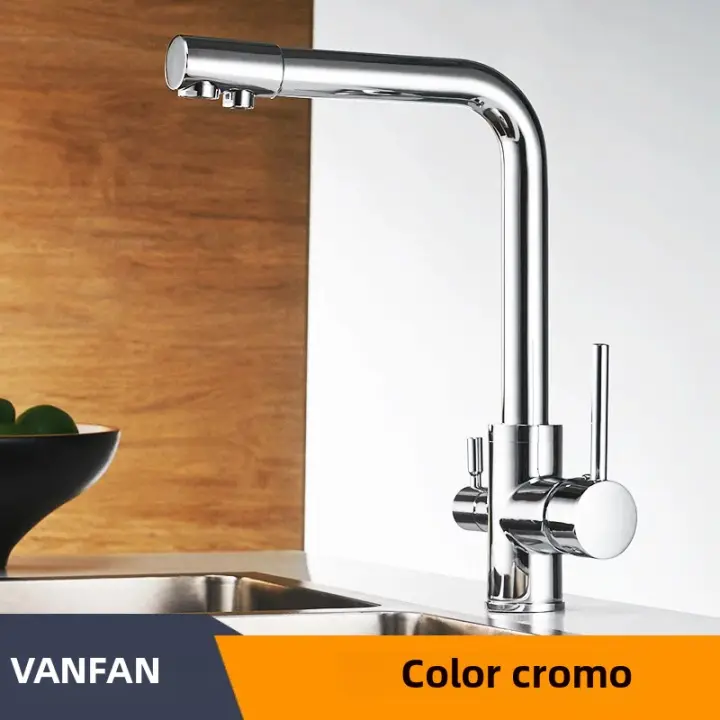 Grifo De Cocina Con Filtro Y Purificador De Agua Montado En Plataforma Giratorio 360° Doble Manillera Acero Inoxidable Moderno - 1