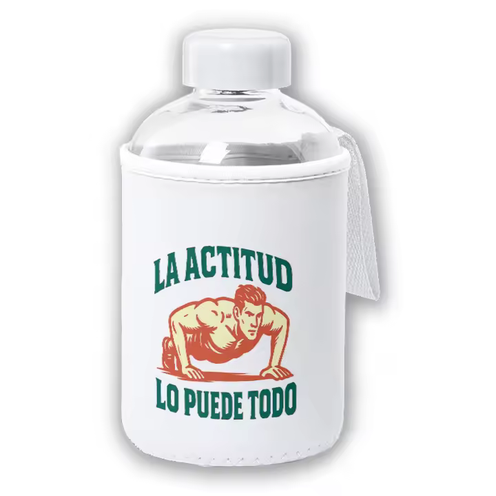 MERCHANDMANIA Bidón cristal con Funda soft shell frase motivadora la actitud lo puede todo tapon seguridad botella - 1