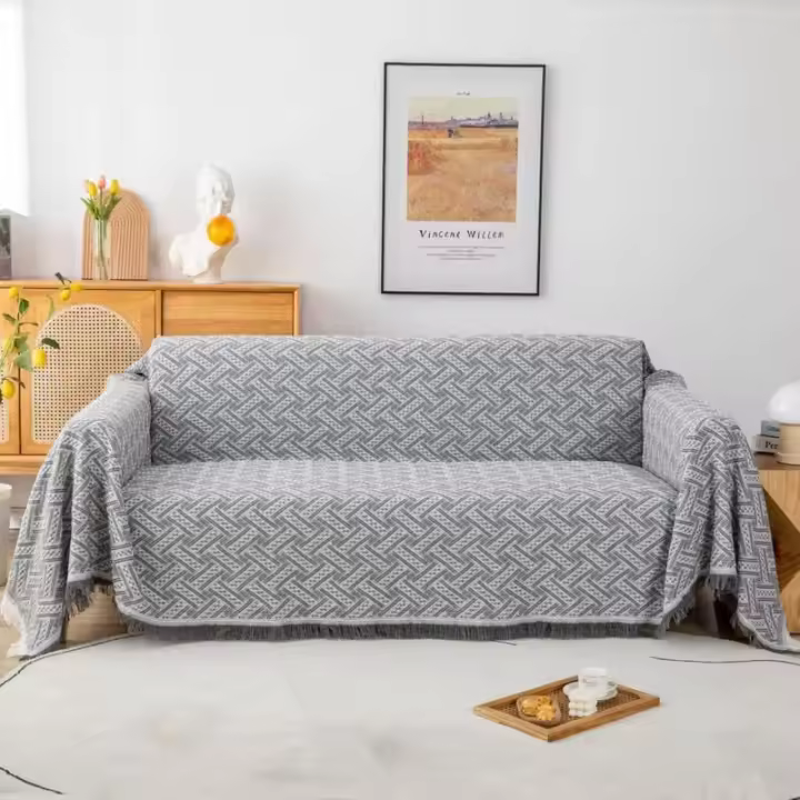 Manta multifuncional para cama o sofá, manta de sofá entrelazada en gris y blanco con pompones, 180 x 230 cm G - 1
