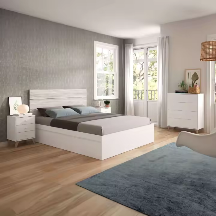 Miroytengo Conjunto Muebles Dormitorio Habitación Estilo Nórdico Blanco 150 cm (cabecero + 2 Mesitas + Cama + Cómoda) - 1
