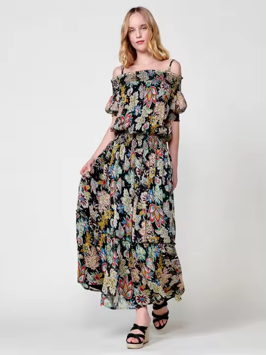 Koroshi Vestido Largo Semitransparente Multicolor con Escote Off-Shoulder y Estampado Floral - 1