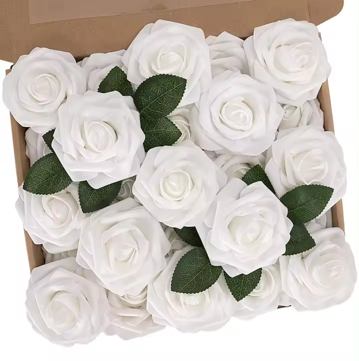 Flores artificiales rosas, 25 piezas de rosas de espuma de tacto real, flores de bricolaje para bodas, ramos de novia, centros de mesa, decoraciones para el hogar, color blanco - 1