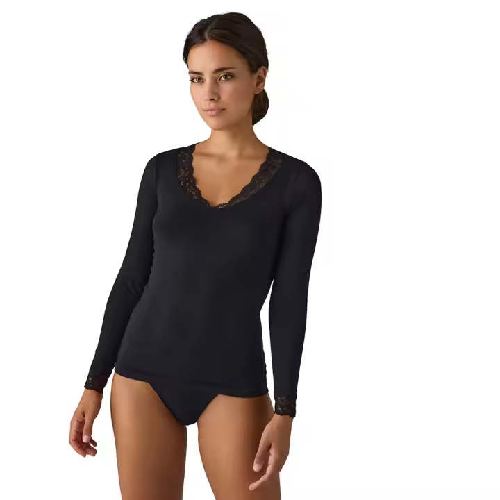 Ysabel Mora - Camiseta manga larga encaje cuello y puños negro - 1