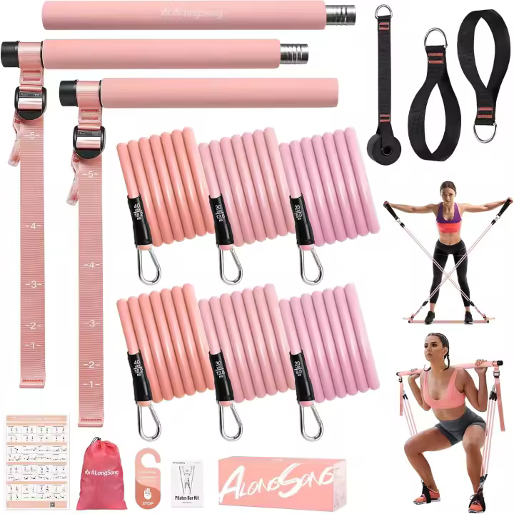 Barra de Pilates,  Barra Pilates Hecha de Hierro con 4/6 Bandas Elástica de Resistencia de 20-180LBS / 30-240LBS / 50-360LBS, Fitness en Casa para Mujer - 1