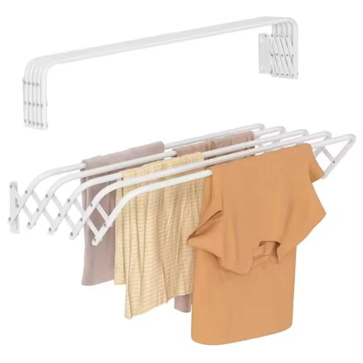 Percha de ropa plegable retráctil blanca, para balcón, toallero doméstico, toallero de baño, perchero plegable retráctil de pared, para interior, secado invisible, 60 cm - 1