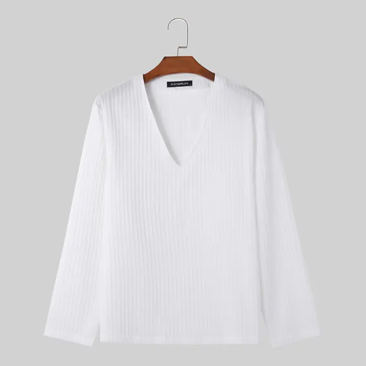 Camiseta De Hombre INCERUN Estilo Coreano 2024 Moda Casual Cuello V Pleated Suelto Manga Larga Cómoda Tallas S-5XL - 1