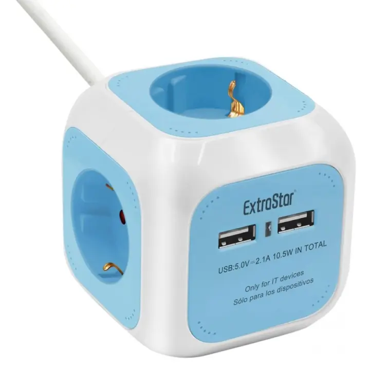 EXTRASTAR Regleta Enchufe 6 en 1 – 4 Tomas + 2 Puertos USB | Cubo Multienchufe de 1,5 m | 3680W / 16A – Azul - 1