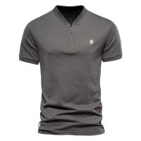 Nueva camiseta de manga corta de algodón puro con cuello en V y cremallera para hombre, camiseta deportiva bordada de color sólido para hombre - details 6