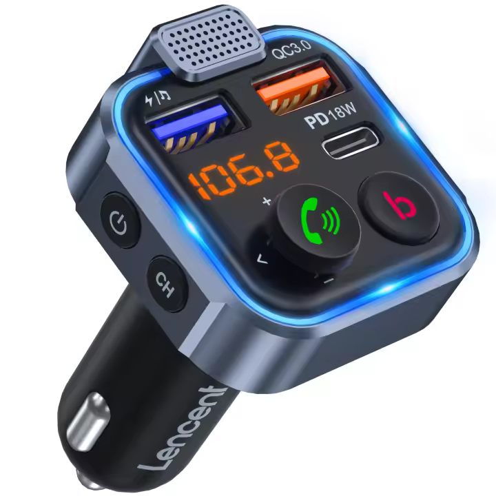 LENCENT FM Transmisor Bluetooth 5.0 Inalámbrico Con Kit De Manos Libres Para Coche Reproductor MP3 USB Tipo-C PD 20W+ QC3.0 Rapido Modulador FM - 1