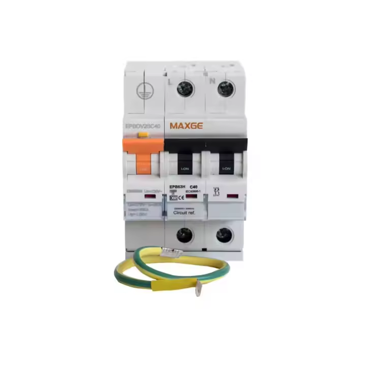 MAXGE EPBOV2SC40 Protección combinada sobretensiones IGA permanente + transitoria Norma EN50550. Precableado 230V/AC, Tipo 2, Clase C 15kA lmax, Poder de corte: 1000A, 40 Amperios. Fácil instalación y protección garantizada. Garantía y calidad. - 1