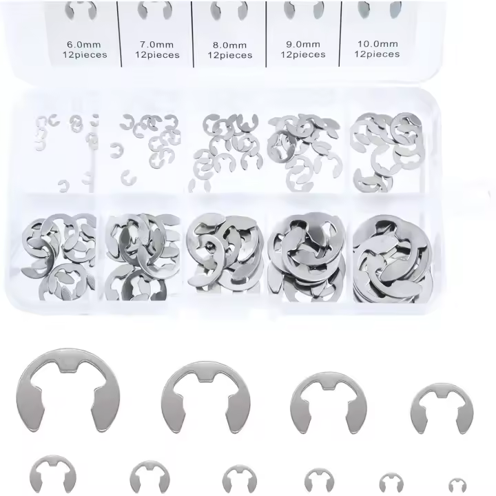 Clips en E de acero inoxidable, kit surtido de 120 piezas para anillos de retención externos y anillos de apertura internos, 10 tamaños: M1.5/2/3/4/5/6/7/8/9/10 - 1