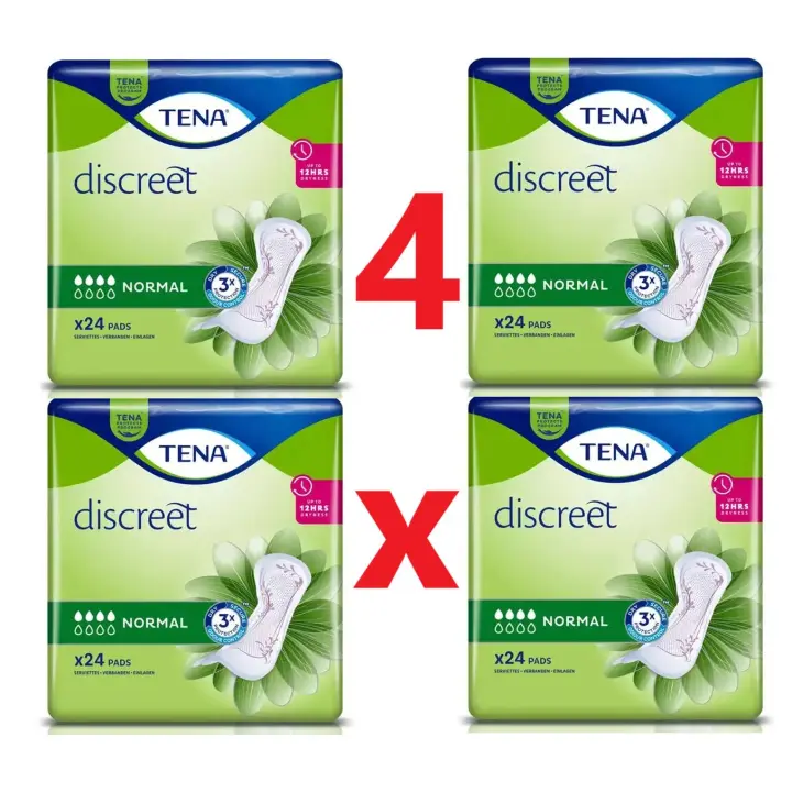 TENA Discreet Normal x 96 Unidades - Protector Diario para la Incontinencia Femenina - Absorción Normal para Debilidad Media de Vejiga y Pérdidas de Orina -Hasta 12 horas de Sequedad - Paquete  (4 x 24) - 1