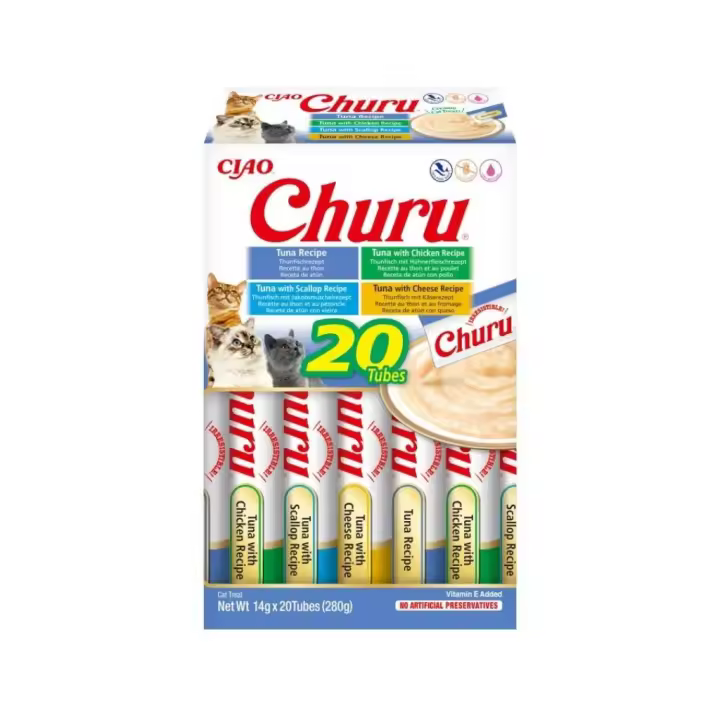 CHURU - Variedad de Atún (20x14 gr) - Caja de Snacks para Gatos (Atún, Atún con Pollo, Atún con Vieira y Atún con Queso) - 1