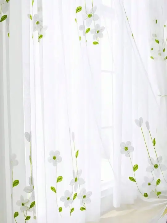 Cortina De Ventana Bordada De Magnolia Blanca Pequeña Y Fresca Estilo Nuevo 100% Algodón Translúcida Sin Capa Doble Ni Aislante Solar - 1
