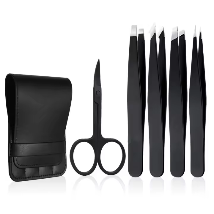 Juego de pinzas de 5 piezas - Pinzas profesionales de acero inoxidable con tijeras curvas, las mejores pinzas de precisión para depilar cejas, astillas y vellos encarnados con estuche de viaje de cuero (negro) - 1