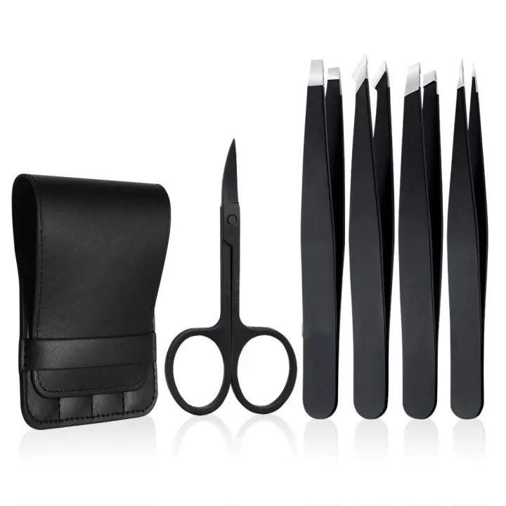 Juego de pinzas de 5 piezas - Pinzas profesionales de acero inoxidable con tijeras curvas, las mejores pinzas de precisión para depilar cejas, astillas y vellos encarnados con estuche de viaje de cuero (negro) - 1